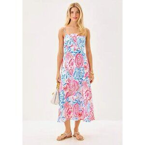 Lilly Pulitzer Womens Alana Smocked Maxi Dress Size 8 Sun Sea Sand Linen NWT